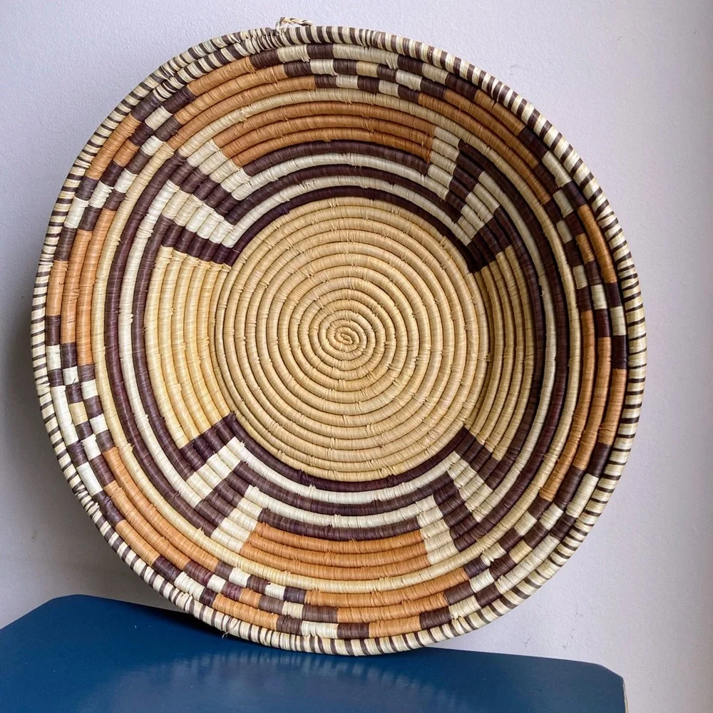 Vintage Large 18” African Handwoven Basket Wall Hanging Decor Geometric Design
